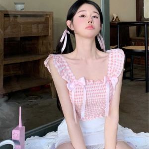 Áo Vest Ngắn Tay Ô Kẻ Caro Co Giãn Ôm Vừa Vặn Mùa Đông 2025 Dành Cho Nữ Áo Vest Ren Cổ Bướm Ngọt Ngào Áo Vest Thường