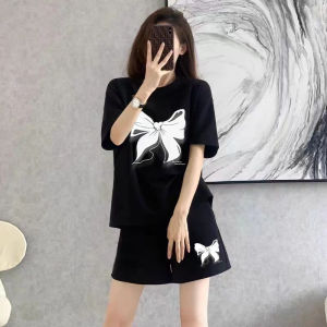 Summer New Arrival Online Influencer Bow Print Short Sleeve Shorts Two-piece Set Younger Sports Loose Loungewear Suit Women
