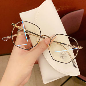 Womens Polyhedral Color-Morphing Myopia Glasses Anti-Blue Light Radiation Protection Flat Lens Optical Frame Alloy Material