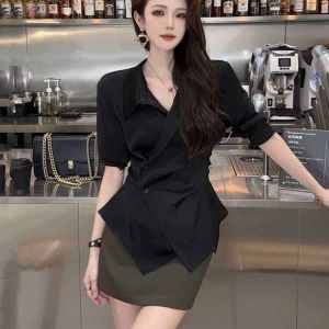 Acetate Satin Chiffon Shirt Women Spring Autumn New French Style Waist Cinched Long Sleeve Top Asymmetrical Hemline Korean Loose Fit