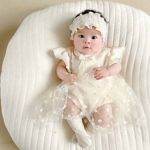 Summer Wedding Dress Style Baby Girls Romper Short Sleeve Flag Collar Princess Skirt for 3-18 Months Polyester Fiber Korean Style