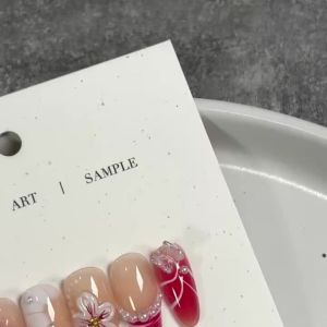 10Pcs Nude Pink Gradient Almond Press On Nails with 3D Craving Flower Pearl Beads Fake Nail M/S/XS Size Reusable False Fingertip