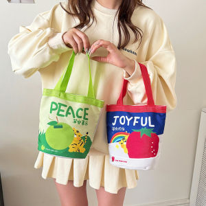 Summer New Handheld Canvas Bucket Bag Printed Outgoing Bento Box Carrier Adorable Mommy Tote Bag Double Strap Casual Canvas