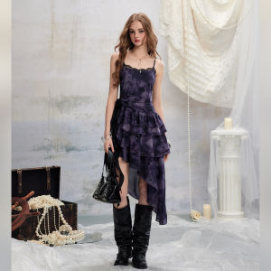 unifree | Đầm Hè Chiffon Phong Cách Á Châu Ánh Tím Ôm Dáng Viền Ren Dây Quai