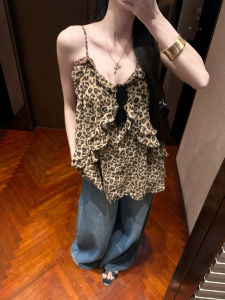 LIRUSHAN | French Leopard Print V-Neck Off Shoulder Sleeveless Top