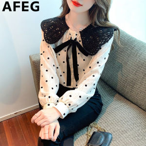 AFEG new Korean version doll collar bow fashion loose all-match polka dot chiffon long-sleeved blouse for women