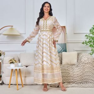 2024 Muslim Abaya Women Flare Sleeve V Neck Dubai Islamic Turkey kaftan moroccan White Cocktail Prom Gown Long Maxi dresses