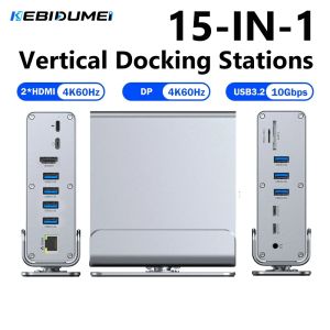 Kebidumei | KEBIDUMEI 15 In 1 Vertical Docking Stations TYPE C HUB USB3.0 4K60Hz DisplayPort RJ45 1000Mbps SD TF 3.5mm Adapter For Laptop PC