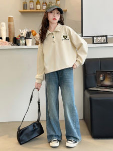 Girls Cotton Long Sleeve POLO Shirt Set Autumn Fashion Slimming Two-Piece Suit Teenage Girls Pure Cotton Polo Outfit