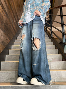กางเกงยีนส์ทรงหลวมสไตล์อเมริกันสำหรับผู้ชาย ทรงหลวม ทรงวินเทจ กางเกงขายาวทรงหลวม ทรงสก็อต ทรงลำลอง เหมาะสำหรับฤดูร้อน