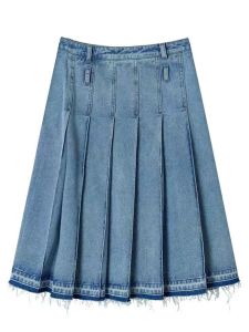 Váy Midi Xếp Ly Denim Cạp Cao Cho Nữ Mùa Hè Váy Midi Chữ A Váy Xếp Ly Cotton Pha Trộn Váy Công Sở Váy Công Sở