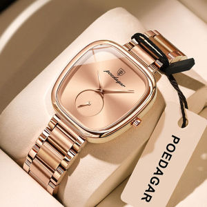 POEDAGAR rosegold watch for women waterproof korean style luxury stainless steel square wristwatch