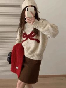 Korean Sweet Anti-Aging Butterfly Knot Sweater Womens Autumn Winter round Neck Japanese Style Top Soft Thickened Knitted Shirt