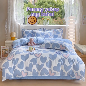 [Local Stock] 4PCS Garterized Bedsheet Set Cute Blue Pink Hearts Pattern Premium Quilt Duvet Cover Secure Fit Mattress Protector Home Living