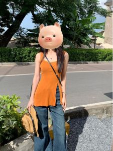 Orange Square Collar Ice Silk Knitted Strap Vest Women Summer Outerwear Slim Fit Slit Sleeveless Top Fashionable Design