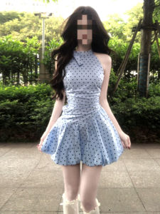 Karrar betsey | New Korean Style Sleeveless Halter Blue Dots Summer Waist Cinching Short Dress for Petite
