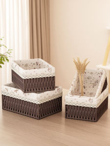 Wicker Desktop Storage Box Tea Table Cosmetic Basket Home Snack Miscellaneous Storage Bin Natural Fiber Handcrafted Rectangular Bin