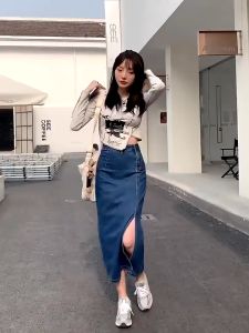 ROK JEANS HIGHWAIST SKIRT KOREAN STYLE SPLIT A LINE BELAH SAMPING WANITA