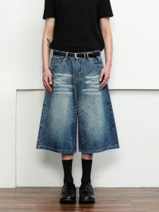 Flyoff Mens Distressed Denim Jeans mid Waist Seven-Foot Wide Leg Casual Summer Shorts Hip Hop Couples Loose Straight American Casual