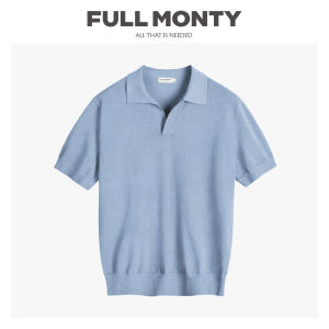 Causal V-Neck Knit Straight Shoulder Polo Shirt Light Blue