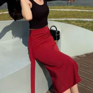 High-Waist Midi Dress for Women Spring-Summer 2023 New Style One-Step Skirt Polyester Fiber Ruched Bow Decoration Open-Back Design Slimming Effect