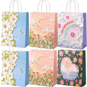 10pcs Gift Bag / Printed Kraft Paper Handbag / 3D Flower Oil Painting Packaging Pouch / for Valentines Day Wedding Birthday Party