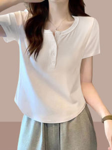Pure Cotton Short Sleeve T-Shirt Womens V-neck Summer New Style Short Length Slimming Effect Small Size Female Top