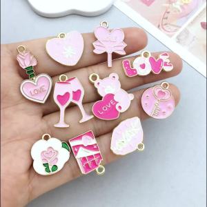 10/20pcs Alloy Enamel Pink Valentines Day Rose Love Pendant Jewelry Making DIY Earrings Charms for Jewelry Bracelets Necklace