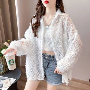 Womens Summer Thin Long Sleeve Loose Breathable Sun Protection Shirt Outerwear Korean Style Transparent Cardigan Polo Collar