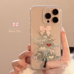 Korean Glitter Bowknot Christmas Tree Clear Phone Case for iPhone 17 16 15 14 13 12 11 Pro Max Shockproof Protective Soft Cover