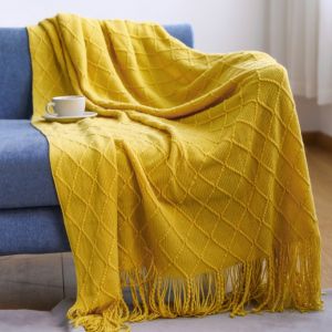 Vintage Geometric Knit Throw Soft Cozy Acrylic Tassels All Season Couch Bed Cover Washable Decorative Weave Mixed Colors