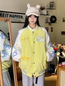 Heavyweight Cat Embroidery Color Block Baseball Jacket Couples Sweet Cool Outerwear Original Design Loose Fit Long Sleeve