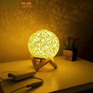 Vimite LED Moon Table Lamp Wood Table Ball Light Dimmable Linen Ball Rattan Lampshade USB Bedroom Bedside Night Light Home Decor