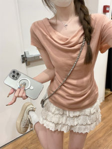 Áo Thun Vai Một Bên Vai Phong Cách Hàn Quốc Mùa Đông Mỏng Mềm Mại Ôm Vừa Vặn Thanh Lịch Tay Ngắn Cổ Chữ V Áo Len Dệt Kim