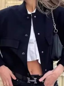 สตรีทสไตล์ Stand Up ปกเสื้อ เสื้อแจ็คเก็ต มีกระเป๋าขนาดใหญ่ สั้น เสื้อโค้ท หลวม Fit Long Sleeve Pure Color Button Up ผู้หญิง เสื้อแจ็คเก็ต