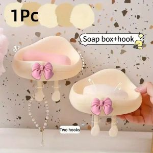 1Pc Cream Wind Wall Mounted Drain Soap Box Cute Cartoon Big Mouth Bowknot Cloud Soap Box Bathroom Toilet Storage Rack Hook
