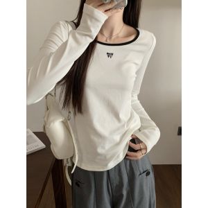 Autumn Korean Style Long Sleeve T-Shirt Womens Casual round Neck Embroidered Pure Cotton Butterfly Knot Versatile Top