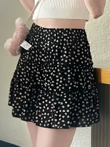 Váy Midi Chữ a Họa Tiết Hoa Cạp Cao Cho Nữ Mùa Hè Váy Ngắn Phong Cách Ngọt Ngào Màu Đen Váy Chữ a Xếp Ly Bằng Polyester