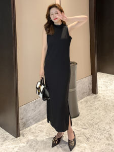 Womens Mid-Length Sleeveless Dress Korean Style Commute round Neck H-Shape Long Skirt Commune Spring Season Polyester Cotton Elastic Fiber