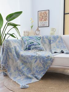 Blue Knitted Leisure Blanket Artistic Soft Cozy Hotel Home Stay Office Couch Cover Blanket Modern Simple Style All Season Use