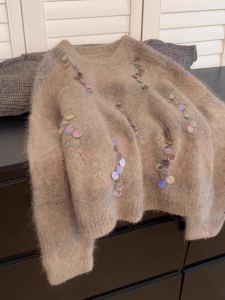 Caramel Heavyweight Shiny Womens Knitwear Autumn Winter Loose Lazy Style Camel Hair Overhead Sweater Warm Thick Long Sleeve Top