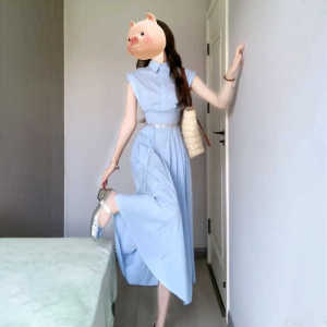 French Style Gentle Elegant Blue Shirt Dress Womens Summer Temperament Small Size Tight Waist Slim Looking Sleeveless Dress