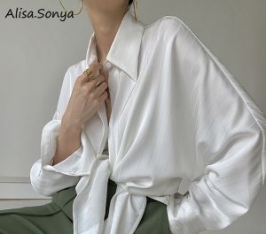 Áo Cánh Nữ Áo Sơ Mi Lụa Sa Tanh Dài Tay Áo Dáng Suông Rộng Thường Ngày Màu Cơ Bản Màu Trơn Thanh Lịch Cài Cúc