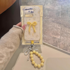 เคสโทรศัพท์มือถือ Apple 16Promax ลายดอกไม้สีเหลืองพร้อมโบว์ผีเสื้อแบบใหม่พร้อมสายรัดแบบสองชั้นป้องกันการตกหล่น