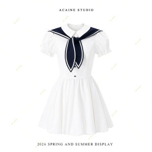 Campus Style Mid-length Sailor Collar Cape Waist Cinched Pleated Dress