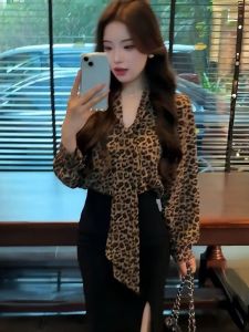 Elegant Long Sleeve Leopard Print Chiffon V-Neck Sash Shirt Womens Autumn New Style Retro Pure Desire Spicy Top