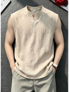 Beige Linen-like Breathable V-neck Men Tank Top