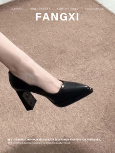 รองเท้าส้นสูงหัวแหลมสไตล์ฝรั่งเศสสำหรับผู้หญิง ฤดูใบไม้ผลิและฤดูใบไม้ร่วง พื้นกันน้ำ ส้นหนา รองเท้าทำงานแบบสวม รองเท้าแฟชั่น