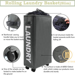 Hitto 22" Rolling Slim Laundry Basket with Stand Foldable Waterproof and Organizer on Wheels Moveable Yoga Mat storage