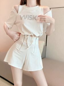 Salt Series Summer New Style Street Fashion Set Womens Short Sleeve Two-Piece Set High Waist Shorts Ensemble Polyester Fiber